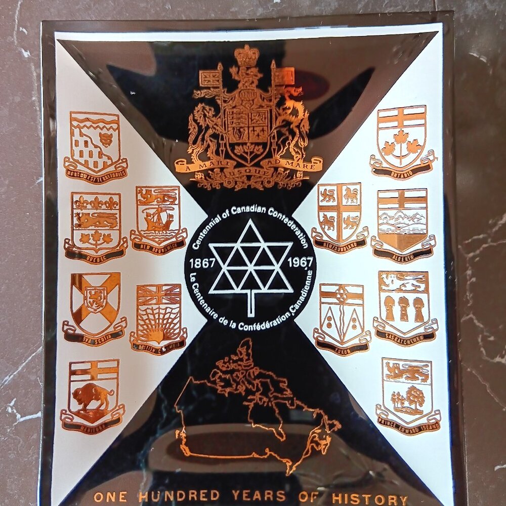 Rare Vintage 1967 Centennial of Canadian Confederation Smoke Black Glass Ashtray